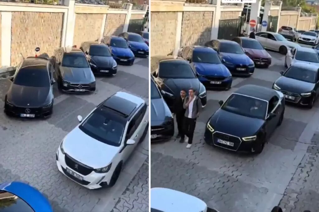 Üniversitenin otoparkında sıra sıra dizilen otomobillere bakın